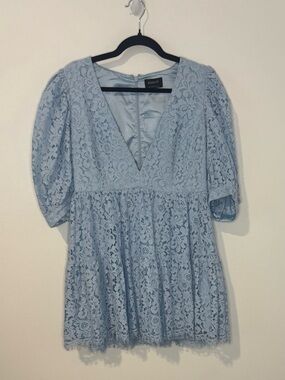 Bardot Blue Floral Lace Mini Dress Puff Sleeve Open Back V-Neck Women’s US 8